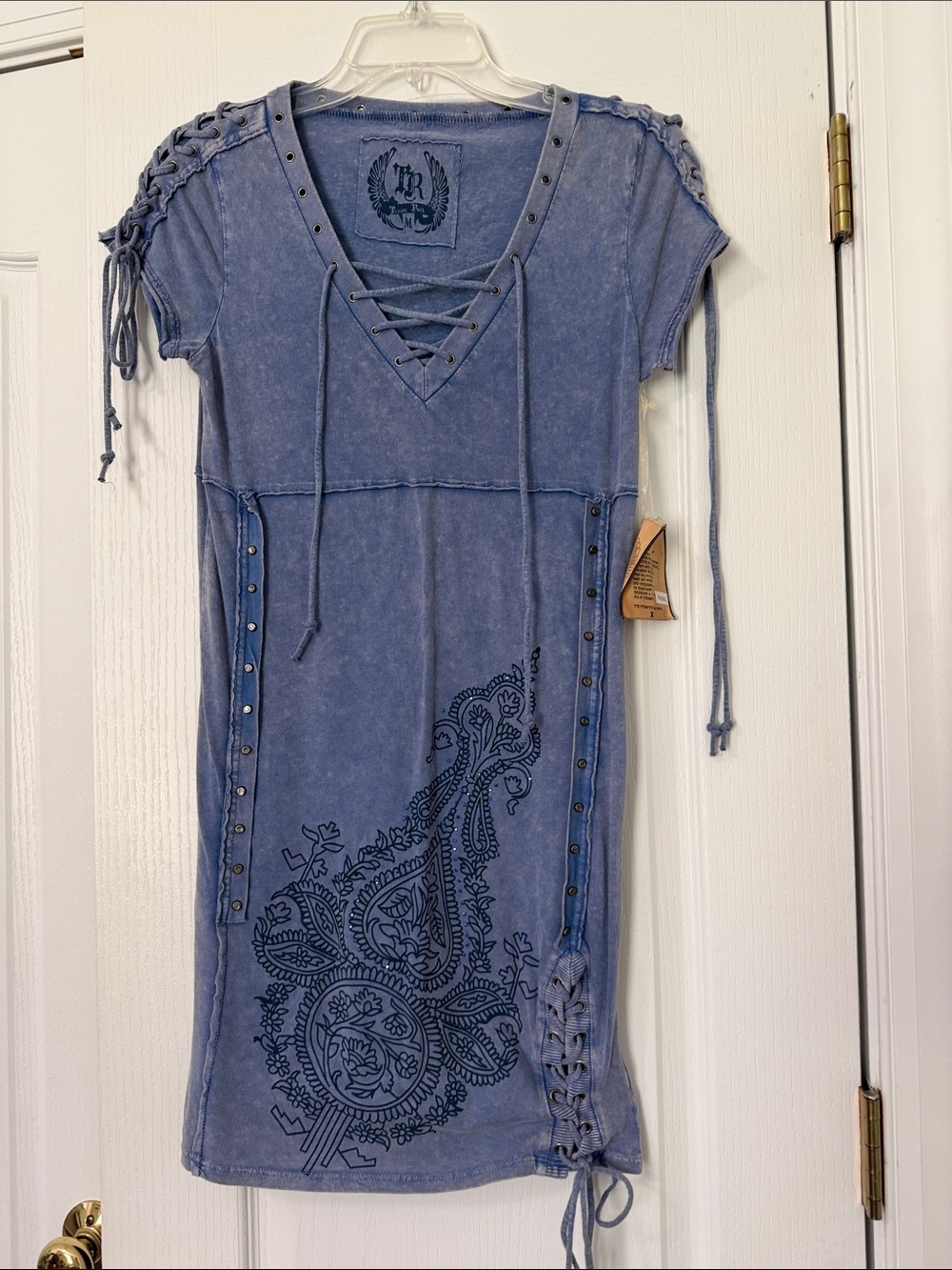 Western Lace-Up Short Sleeve Dress in Faded Blue